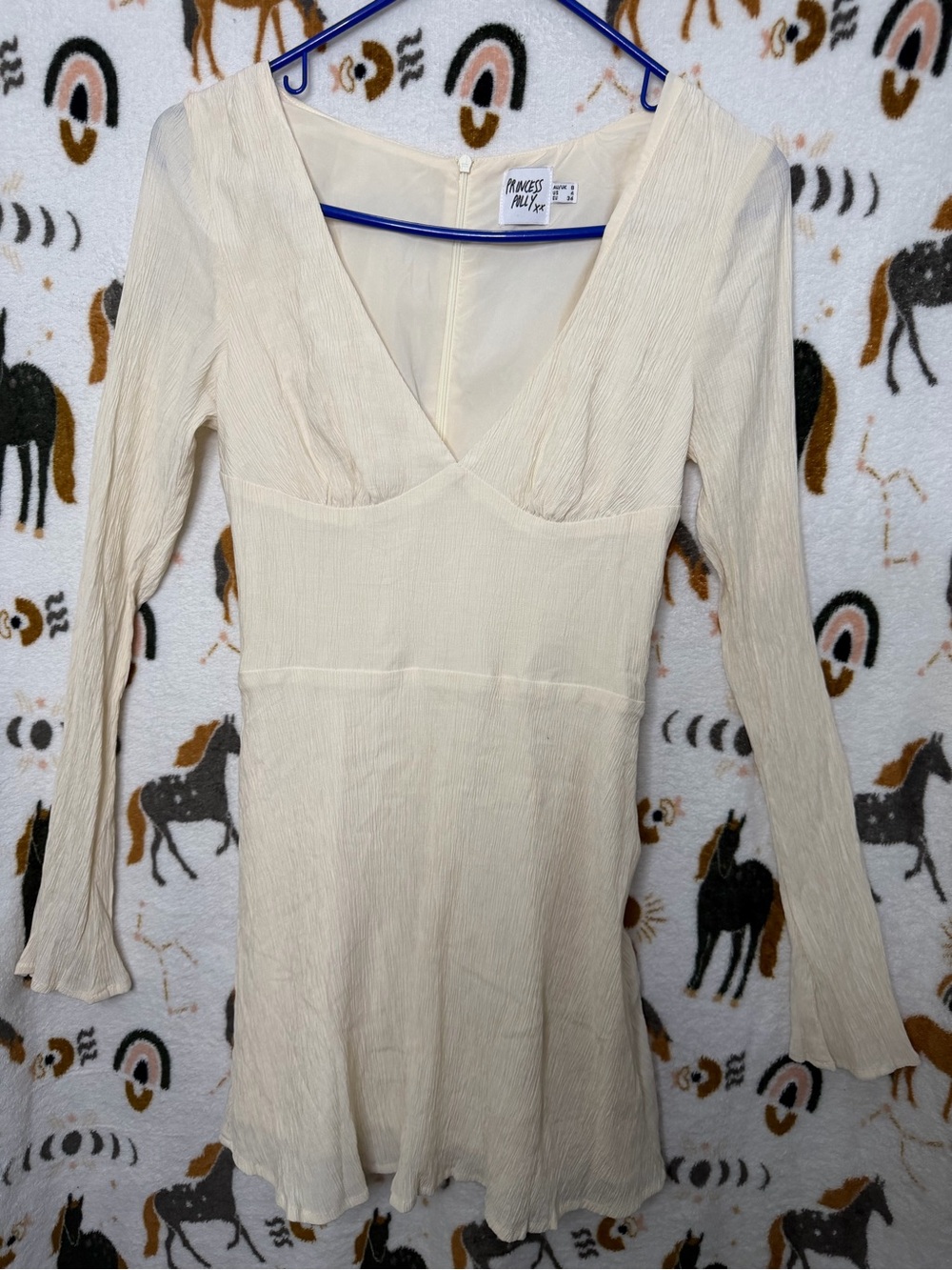 Princess Polly Cream Long-Sleeve V-Neck Textured Mini Dress
